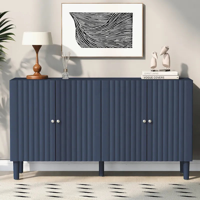 Elegant Four-Door Sideboard with Wavy Pattern Doors, Cylindrical Legs, and Sleek Metal Handles, Adjustable, for Living Room