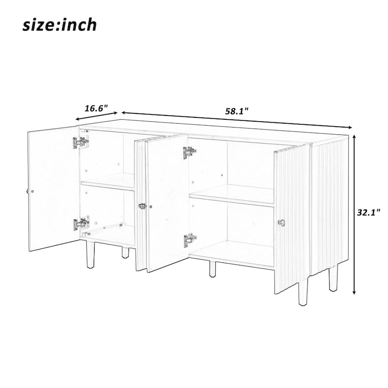 Élégant buffet à quatre portes avec portes à motif ondulé et pieds cylindriques
