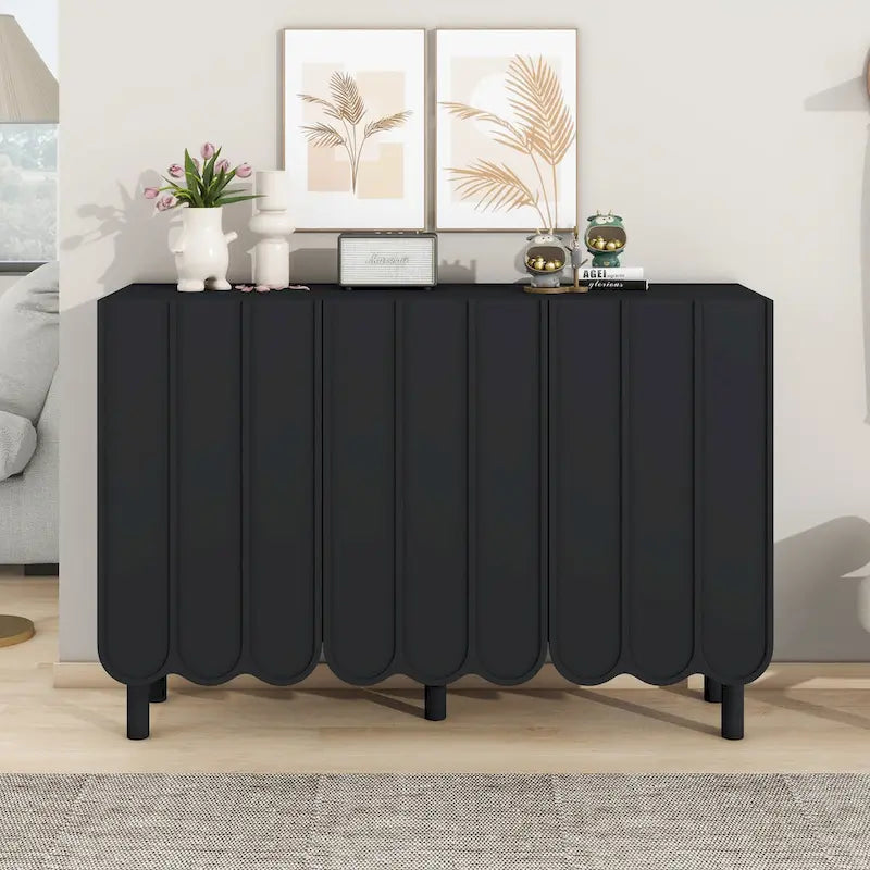 Cream Style Minimalist Shoe Cabinet with 5 Solid Wood Legs, Sideboard Buffet Cabinet with Adjustable Shelves