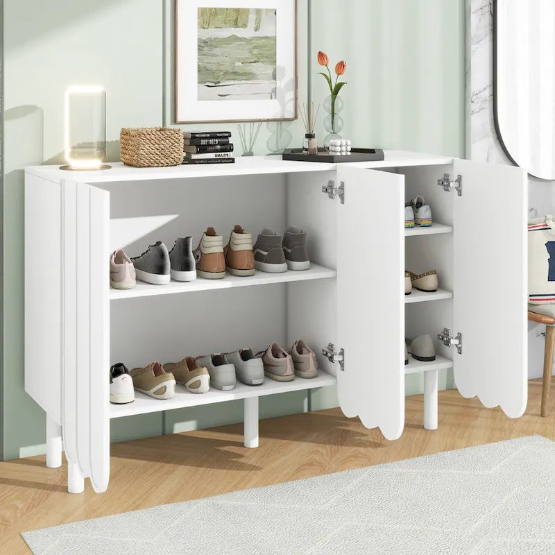 Meuble à chaussures minimaliste style crème avec 5 pieds en bois massif, buffet avec étagères réglables