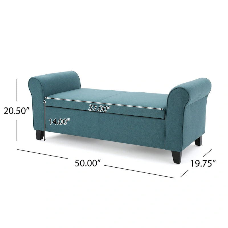Banc de rangement, 50 pouces, accoudoirs roulés, bois massif, bleu sarcelle foncé