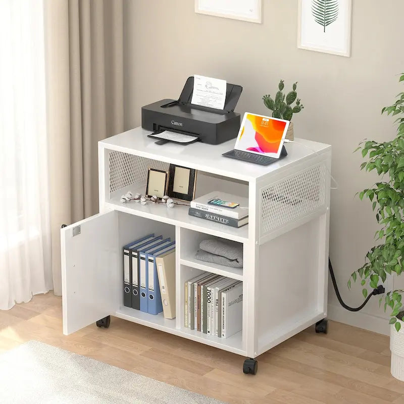 Rolling File Cabinet Lateral Office Filing Cabinets with Charging Station,Modern Printer Stand on Wheels