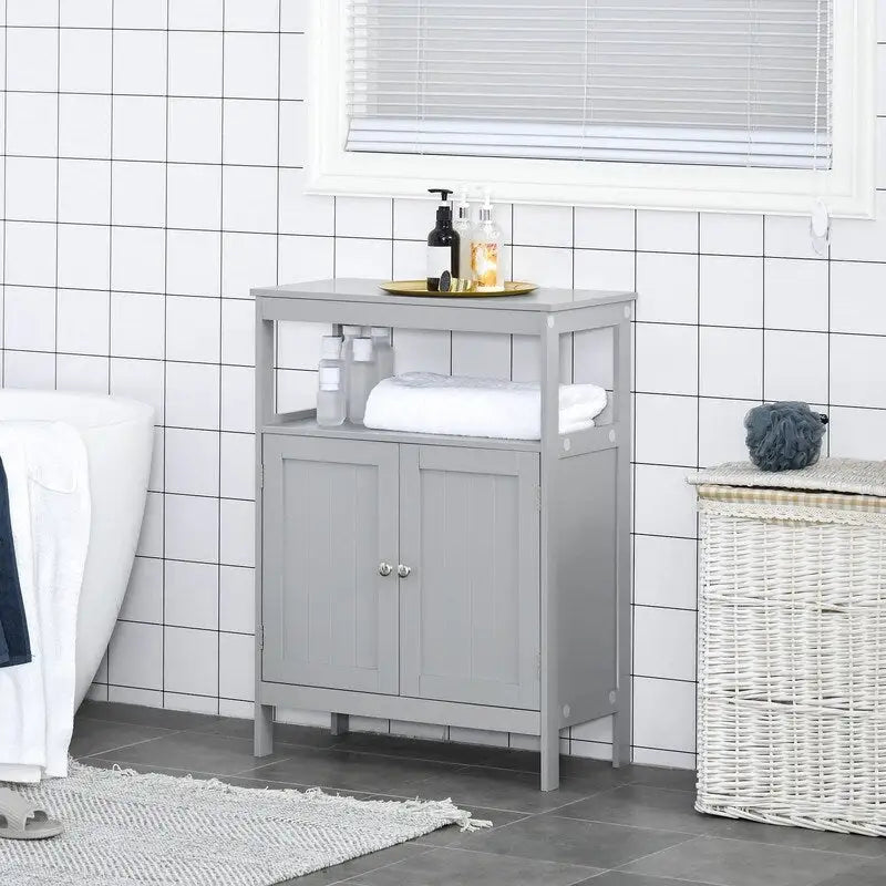 Meuble de rangement de salle de bain moderne sur pied, avec portes et étagère ouverte