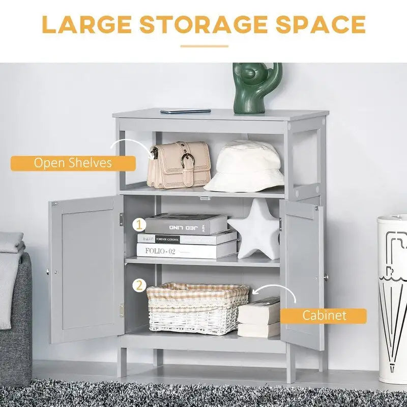 Meuble de rangement de salle de bain moderne sur pied, avec portes et étagère ouverte
