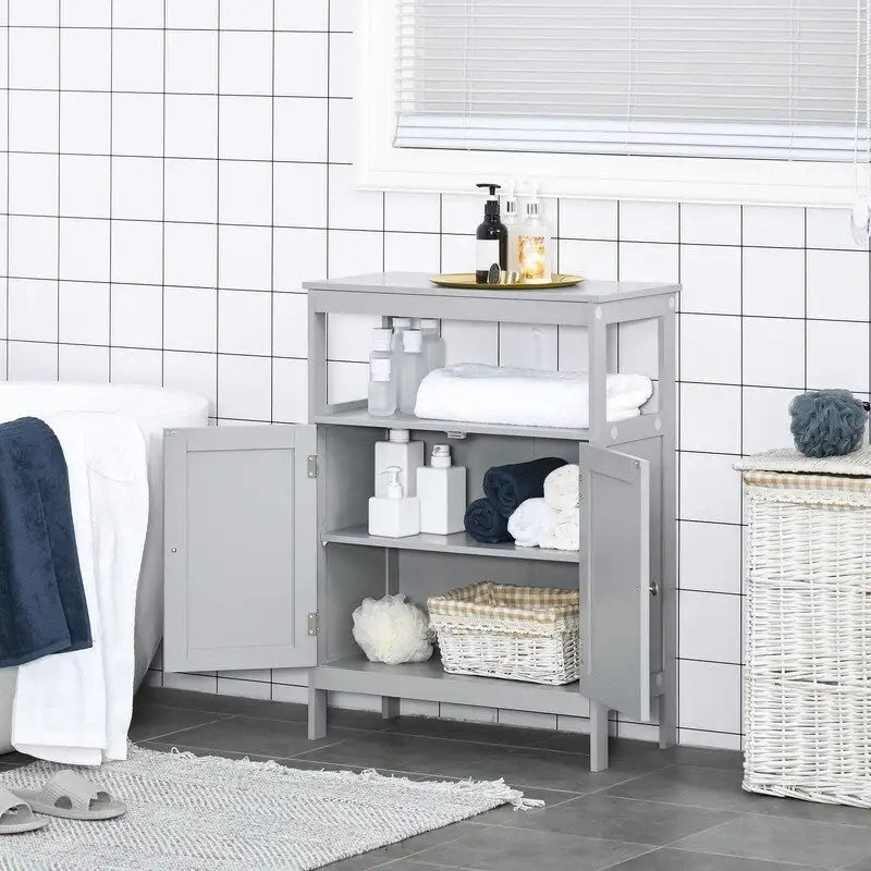 Meuble de rangement de salle de bain moderne sur pied, avec portes et étagère ouverte