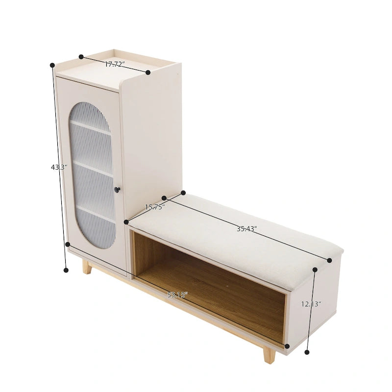 Banc à chaussures blanc crème avec armoire de rangement et pieds en bois massif pour des entrées organisées