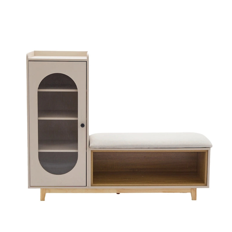 Banc à chaussures blanc crème avec armoire de rangement et pieds en bois massif pour des entrées organisées