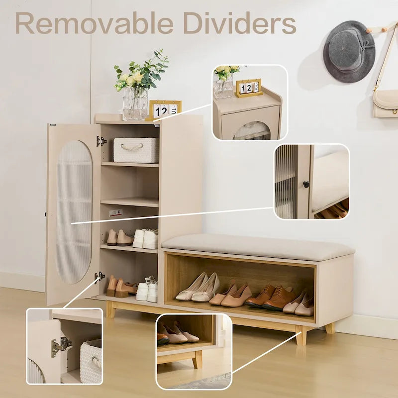 Banc à chaussures blanc crème avec armoire de rangement et pieds en bois massif pour des entrées organisées