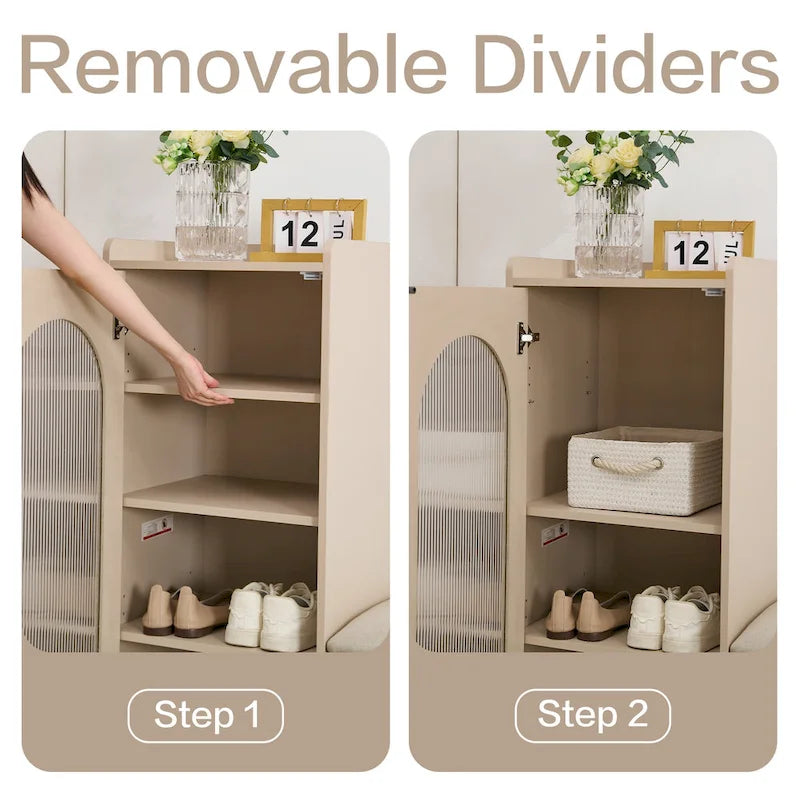 Banc à chaussures blanc crème avec armoire de rangement et pieds en bois massif pour des entrées organisées