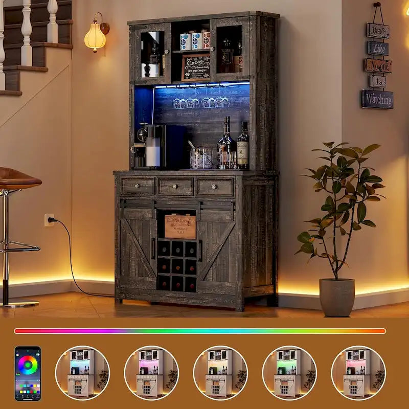 Meuble de bar à café de style ferme moderne avec lumières LED et prises de courant, meuble de cuisine