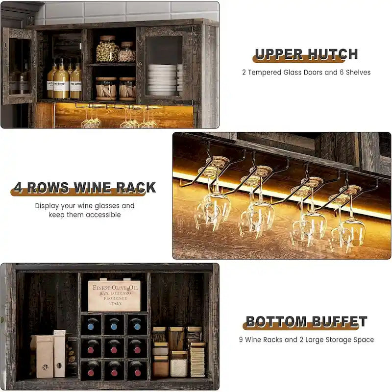 Meuble de bar à café de style ferme moderne avec lumières LED et prises de courant, meuble de cuisine