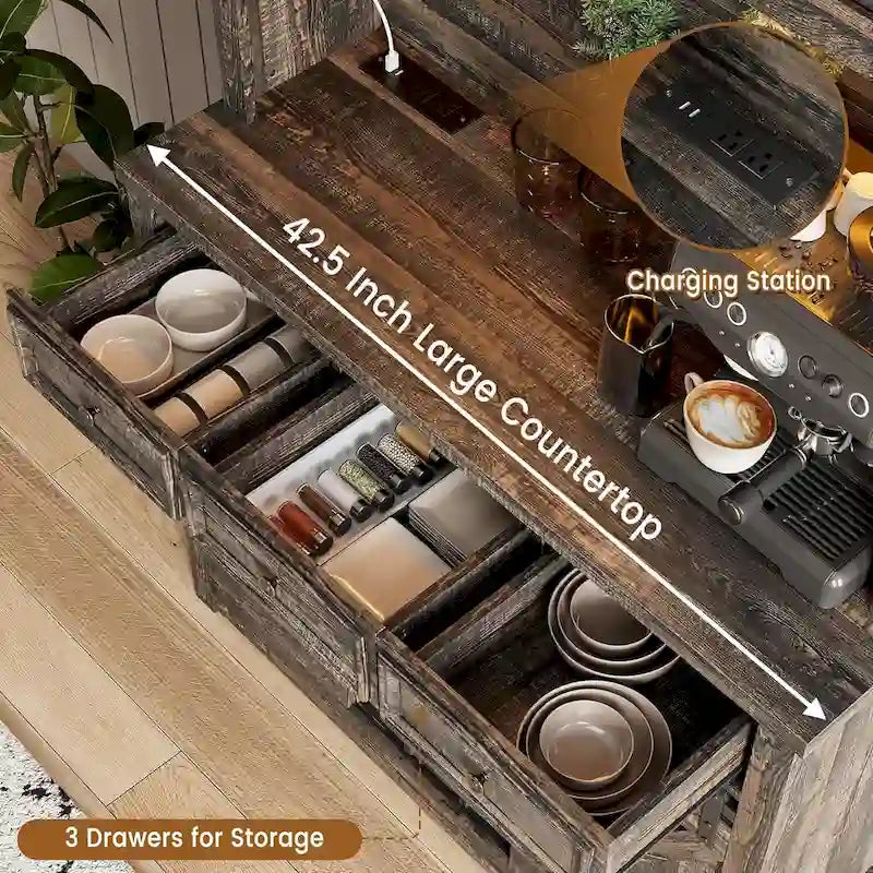 Meuble de bar à café de style ferme moderne avec lumières LED et prises de courant, meuble de cuisine