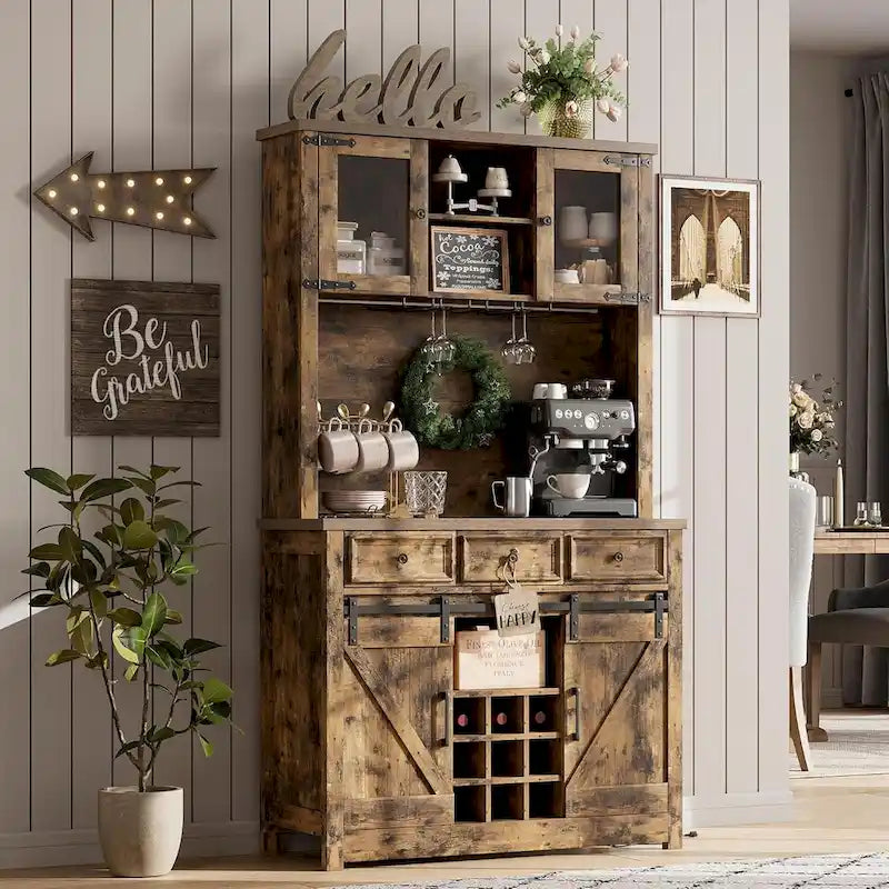 Meuble de bar à café de style ferme moderne avec lumières LED et prises de courant, meuble de cuisine
