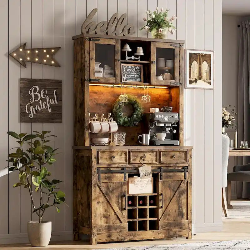 Meuble de bar à café de style ferme moderne avec lumières LED et prises de courant, meuble de cuisine