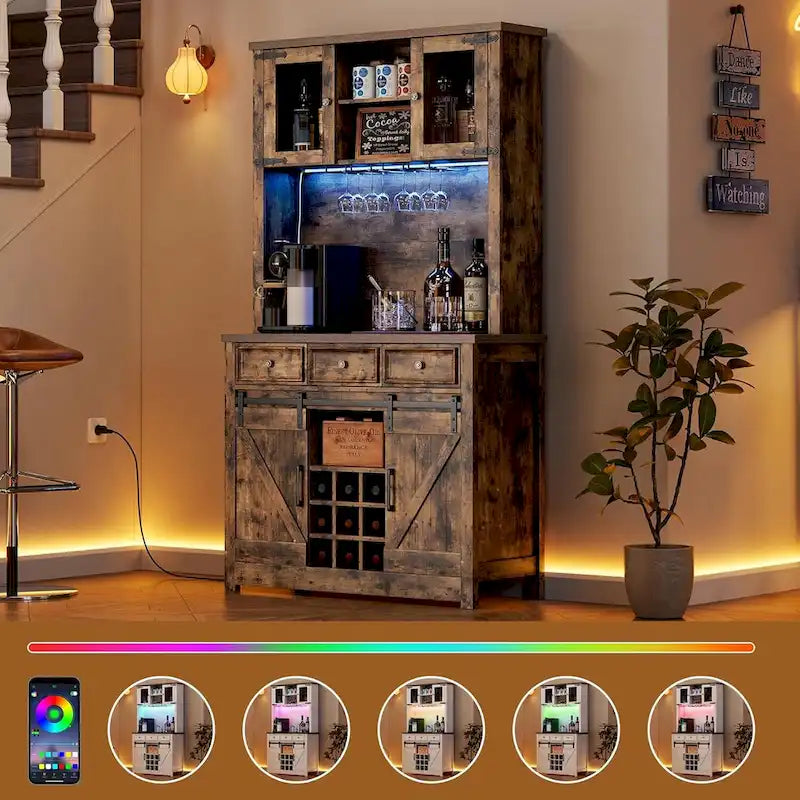 Meuble de bar à café de style ferme moderne avec lumières LED et prises de courant, meuble de cuisine