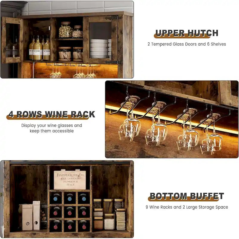 Meuble de bar à café de style ferme moderne avec lumières LED et prises de courant, meuble de cuisine