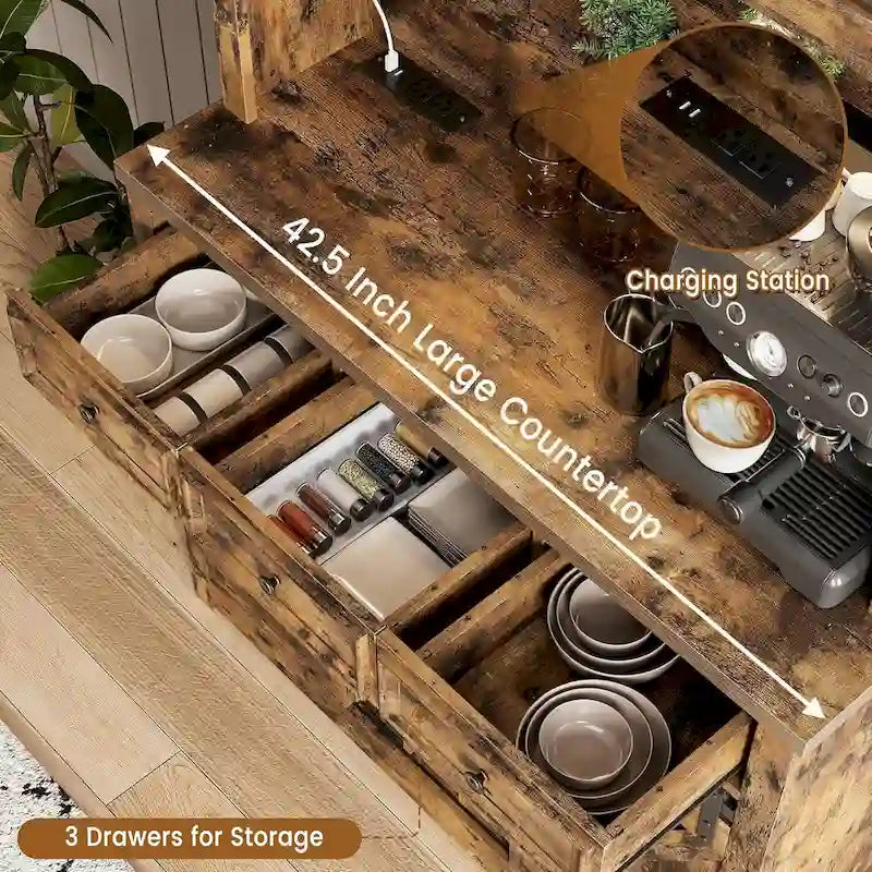 Meuble de bar à café de style ferme moderne avec lumières LED et prises de courant, meuble de cuisine