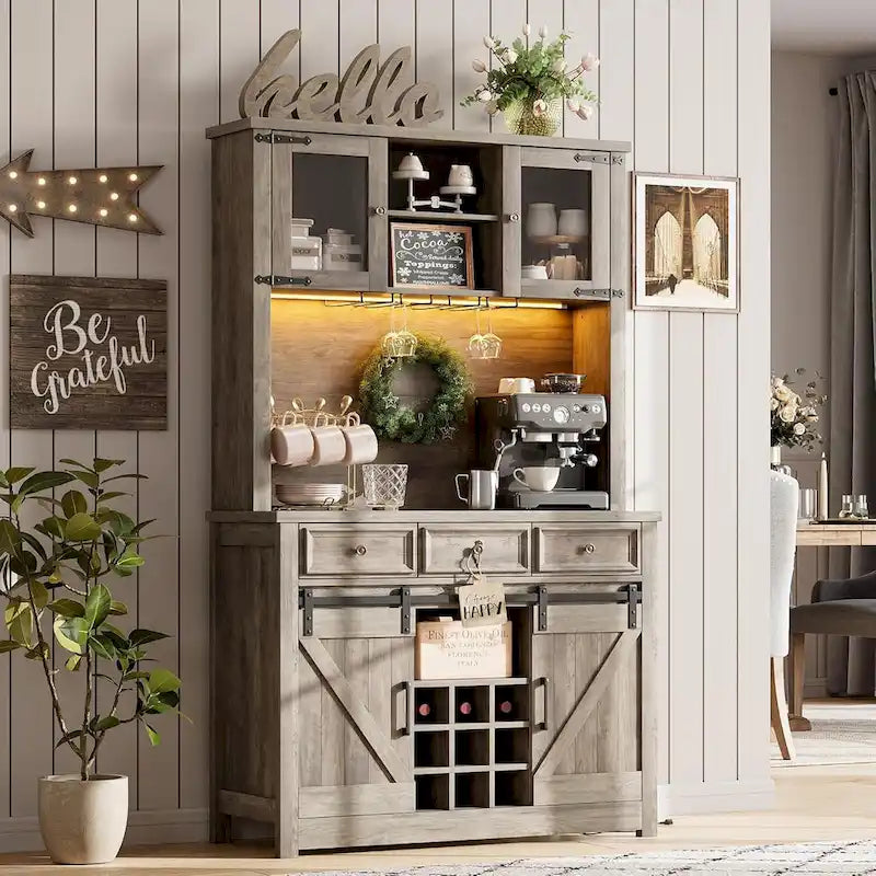 Meuble de bar à café de style ferme moderne avec lumières LED et prises de courant, meuble de cuisine