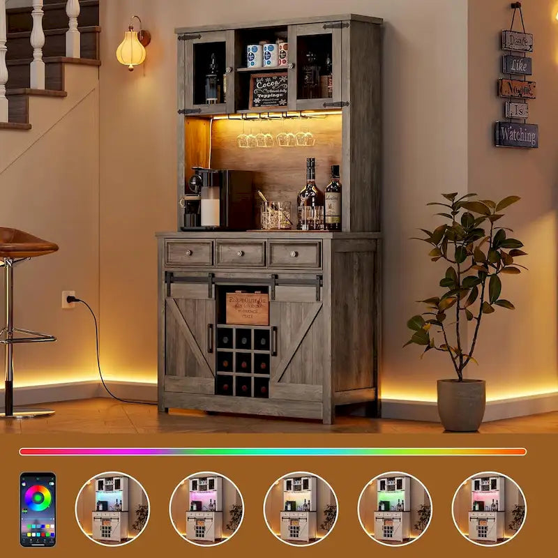 Meuble de bar à café de style ferme moderne avec lumières LED et prises de courant, meuble de cuisine
