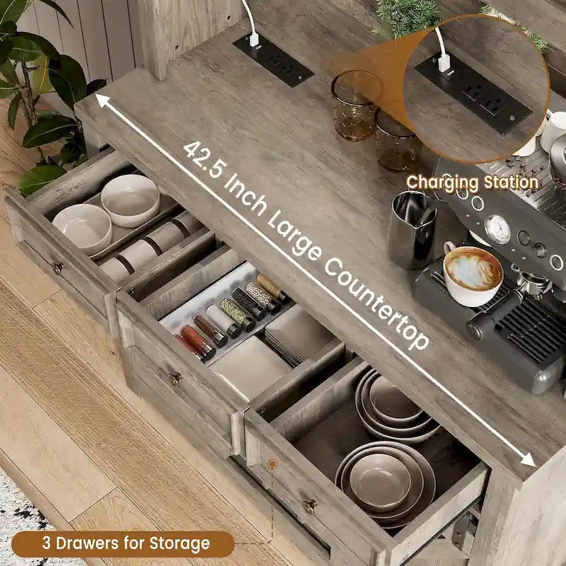 Meuble de bar à café de style ferme moderne avec lumières LED et prises de courant, meuble de cuisine