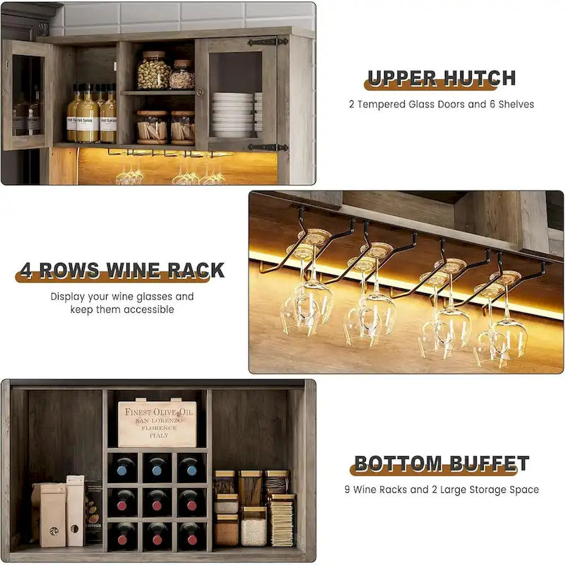 Meuble de bar à café de style ferme moderne avec lumières LED et prises de courant, meuble de cuisine