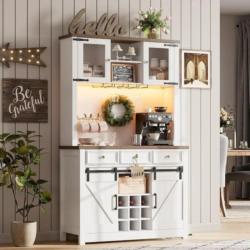 Meuble de bar à café de style ferme moderne avec lumières LED et prises de courant, meuble de cuisine