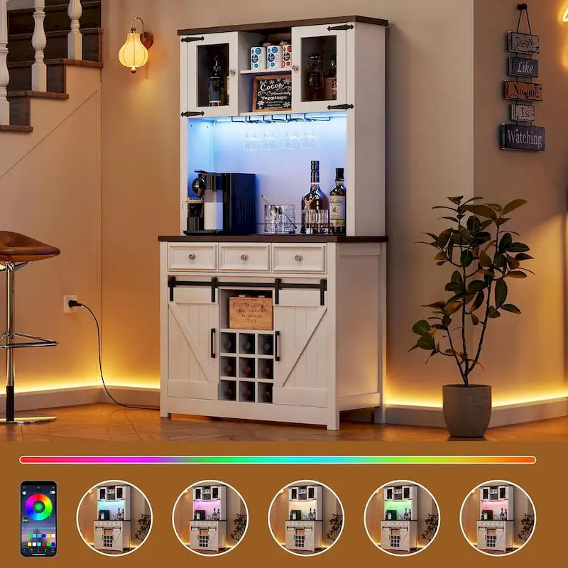 Meuble de bar à café de style ferme moderne avec lumières LED et prises de courant, meuble de cuisine