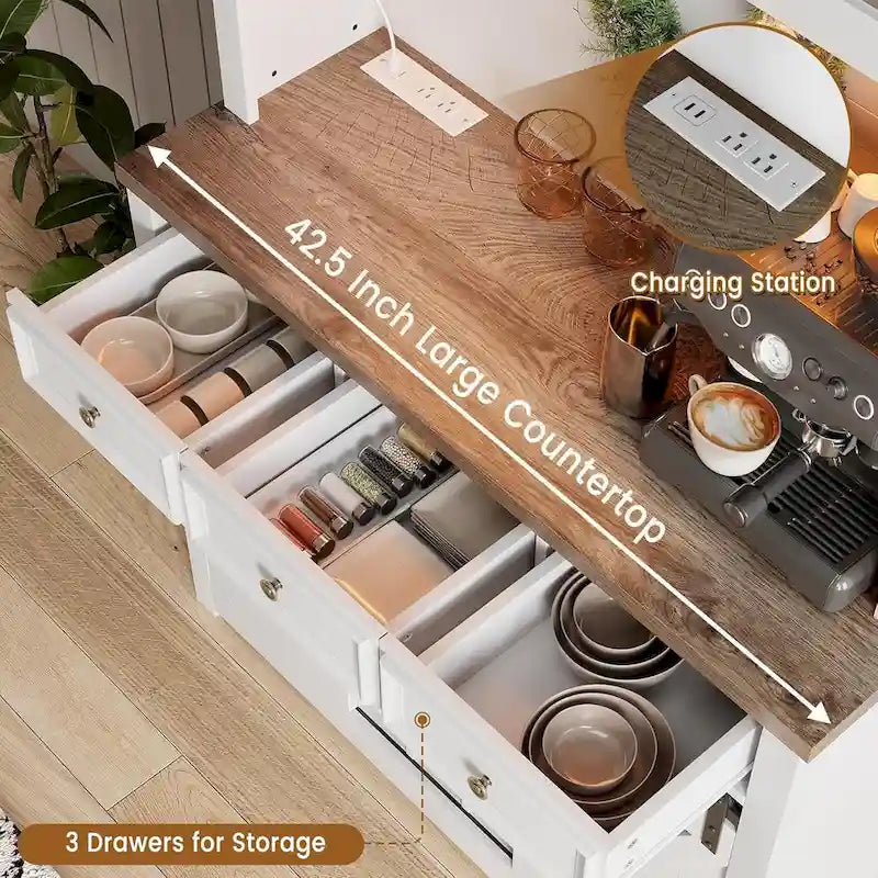 Meuble de bar à café de style ferme moderne avec lumières LED et prises de courant, meuble de cuisine