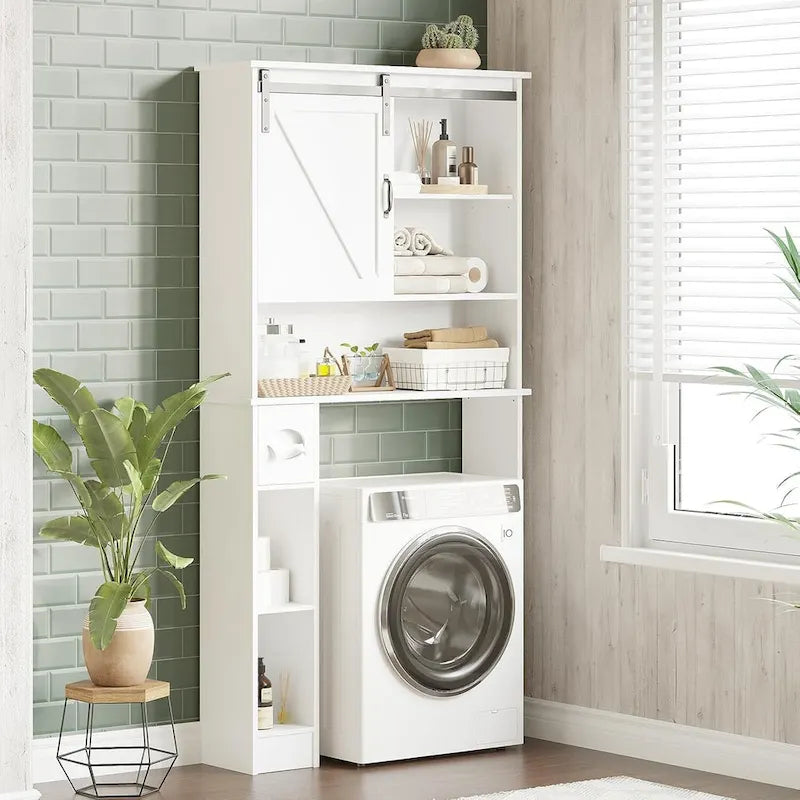 Over The Toilet Storage Cabinet Double Door Bathroom Organizer with Adjustable Shelves, Toilet Paper Holder