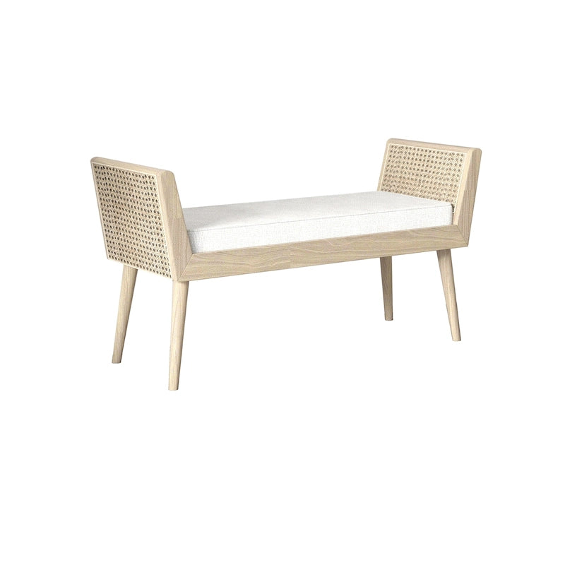 Banc rembourré de style Mid-Century avec accoudoirs relevés en rotin