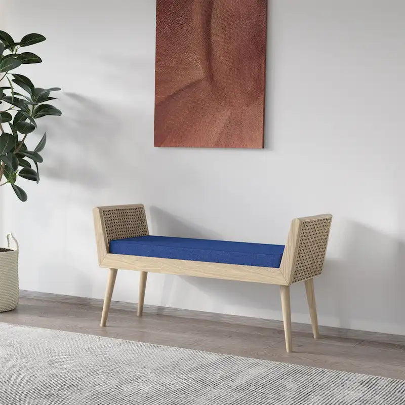Banc rembourré de style Mid-Century avec accoudoirs relevés en rotin