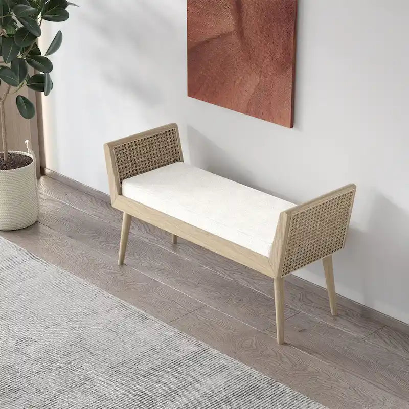 Banc rembourré de style Mid-Century avec accoudoirs relevés en rotin