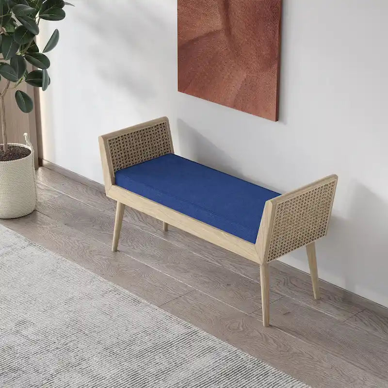 Banc rembourré de style Mid-Century avec accoudoirs relevés en rotin