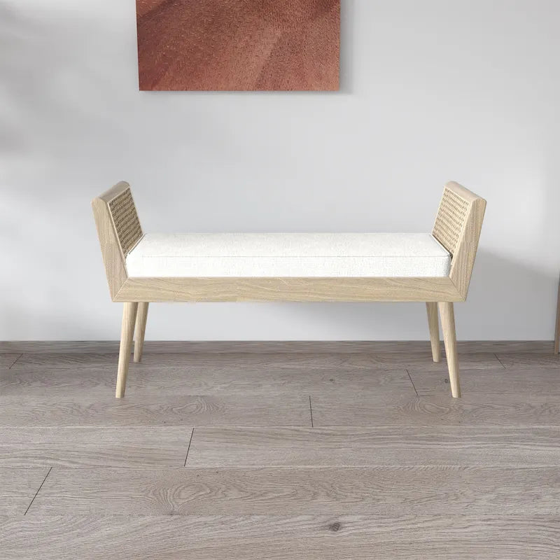 Banc rembourré de style Mid-Century avec accoudoirs relevés en rotin