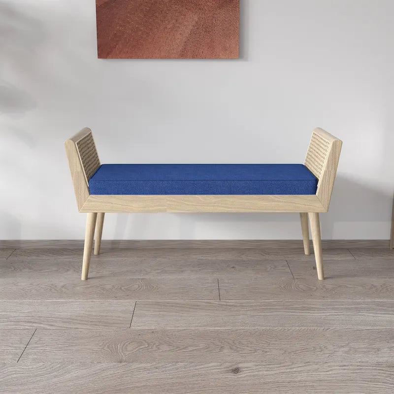 Banc rembourré de style Mid-Century avec accoudoirs relevés en rotin