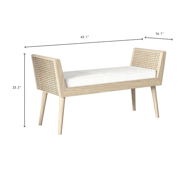 Banc rembourré de style Mid-Century avec accoudoirs relevés en rotin