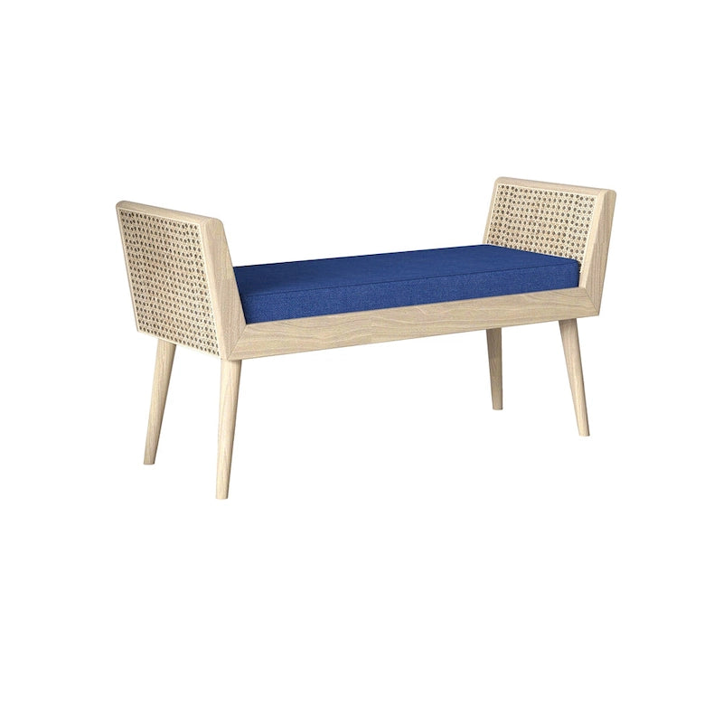 Banc rembourré de style Mid-Century avec accoudoirs relevés en rotin