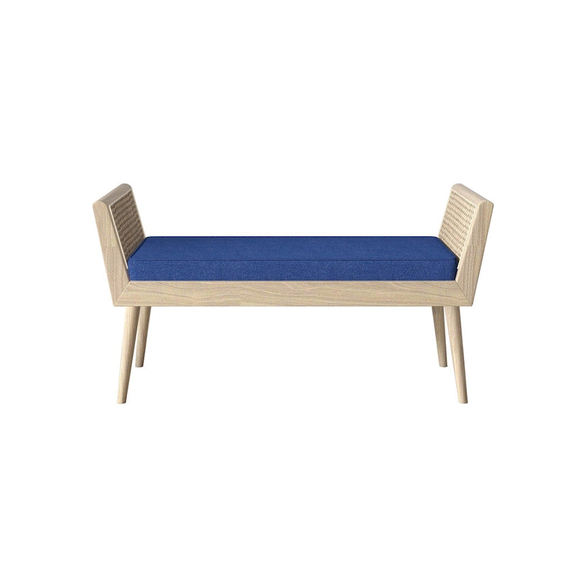 Banc rembourré de style Mid-Century avec accoudoirs relevés en rotin