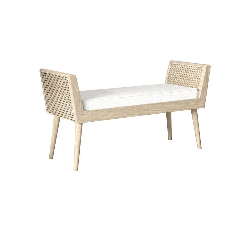 Banc rembourré de style Mid-Century avec accoudoirs relevés en rotin