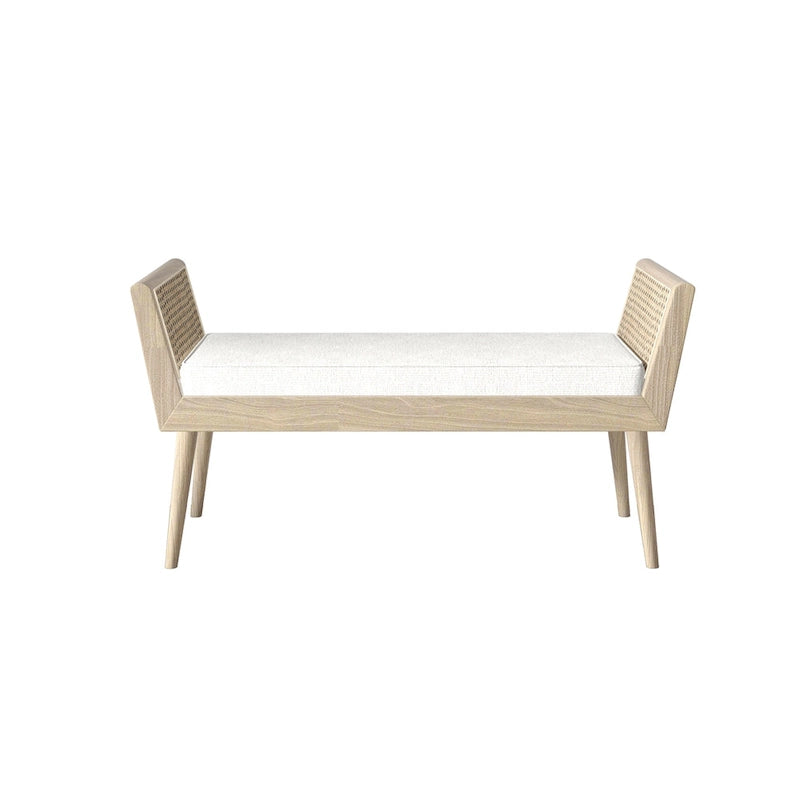 Banc rembourré de style Mid-Century avec accoudoirs relevés en rotin