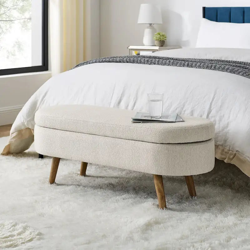 Banc de rangement Pouf en tissu de lin moderne avec pieds en bois massif Banc de rangement ovale pour entrée, salon, chambre à coucher
