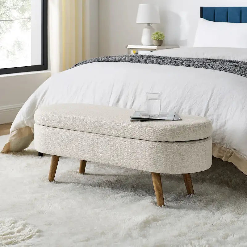 Storage Bench Modern Linen Fabric Ottoman Footstool with Solid Wood Legs Oval Storage Entry Bench Seat for Living Room Bedroom