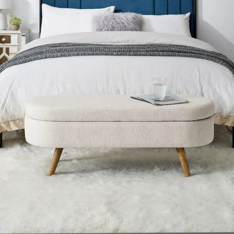Banc de rangement Pouf en tissu de lin moderne avec pieds en bois massif Banc de rangement ovale pour entrée, salon, chambre à coucher