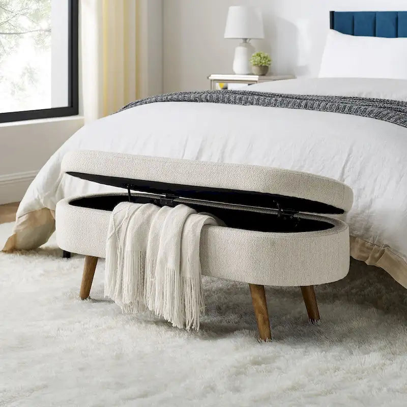 Banc de rangement Pouf en tissu de lin moderne avec pieds en bois massif Banc de rangement ovale pour entrée, salon, chambre à coucher