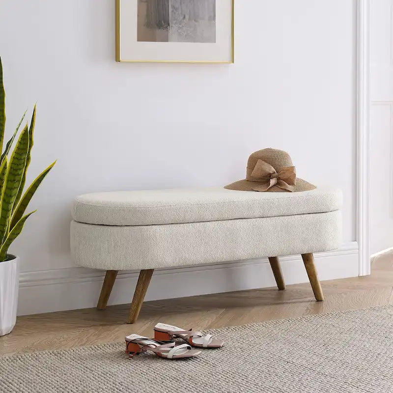 Banc de rangement Pouf en tissu de lin moderne avec pieds en bois massif Banc de rangement ovale pour entrée, salon, chambre à coucher