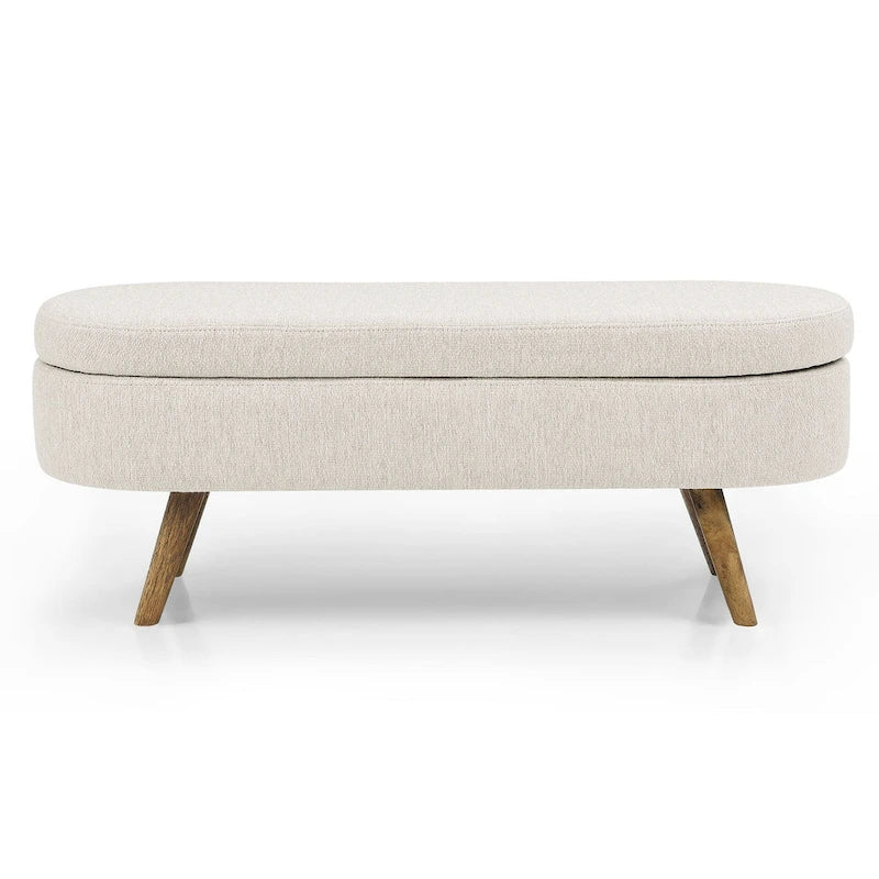 Banc de rangement Pouf en tissu de lin moderne avec pieds en bois massif Banc de rangement ovale pour entrée, salon, chambre à coucher