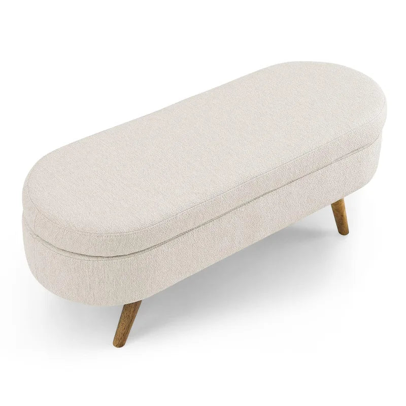 Banc de rangement Pouf en tissu de lin moderne avec pieds en bois massif Banc de rangement ovale pour entrée, salon, chambre à coucher