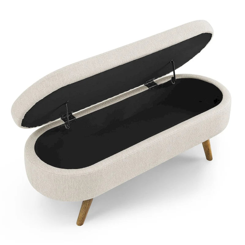 Banc de rangement Pouf en tissu de lin moderne avec pieds en bois massif Banc de rangement ovale pour entrée, salon, chambre à coucher