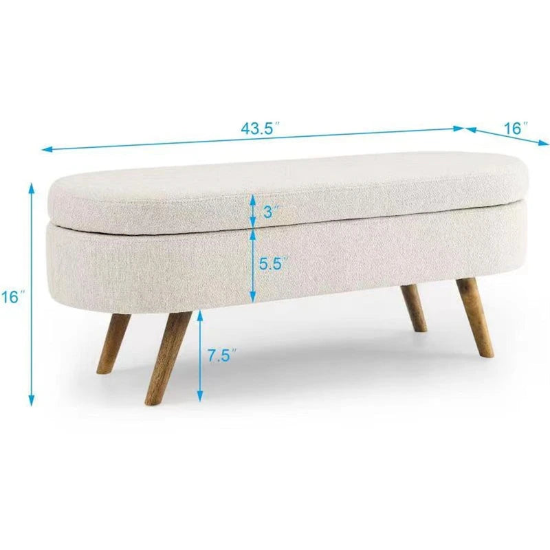 Banc de rangement Pouf en tissu de lin moderne avec pieds en bois massif Banc de rangement ovale pour entrée, salon, chambre à coucher