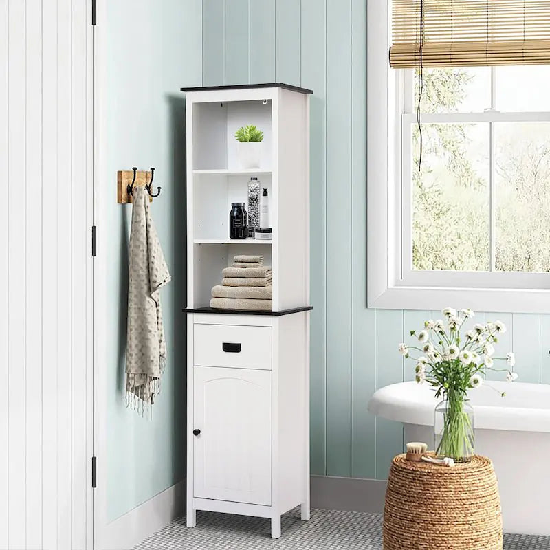 White and Black Wood Bathroom Tower Storage Linen Cabinet - 63 H x 15.75 W x 11.81 D